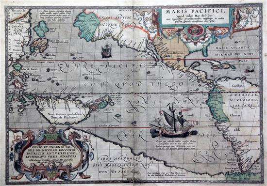 Abraham Ortellius (1527-1598) Map of the Maris Pacifici, 1589, 15.25 x 21in.